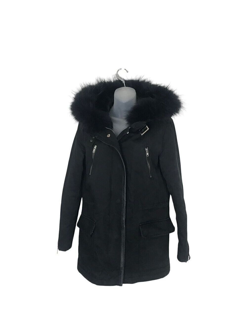 Maje Black Fur trimmed Hood & Faux Fur Lining Coat With Silver Zippers Size S